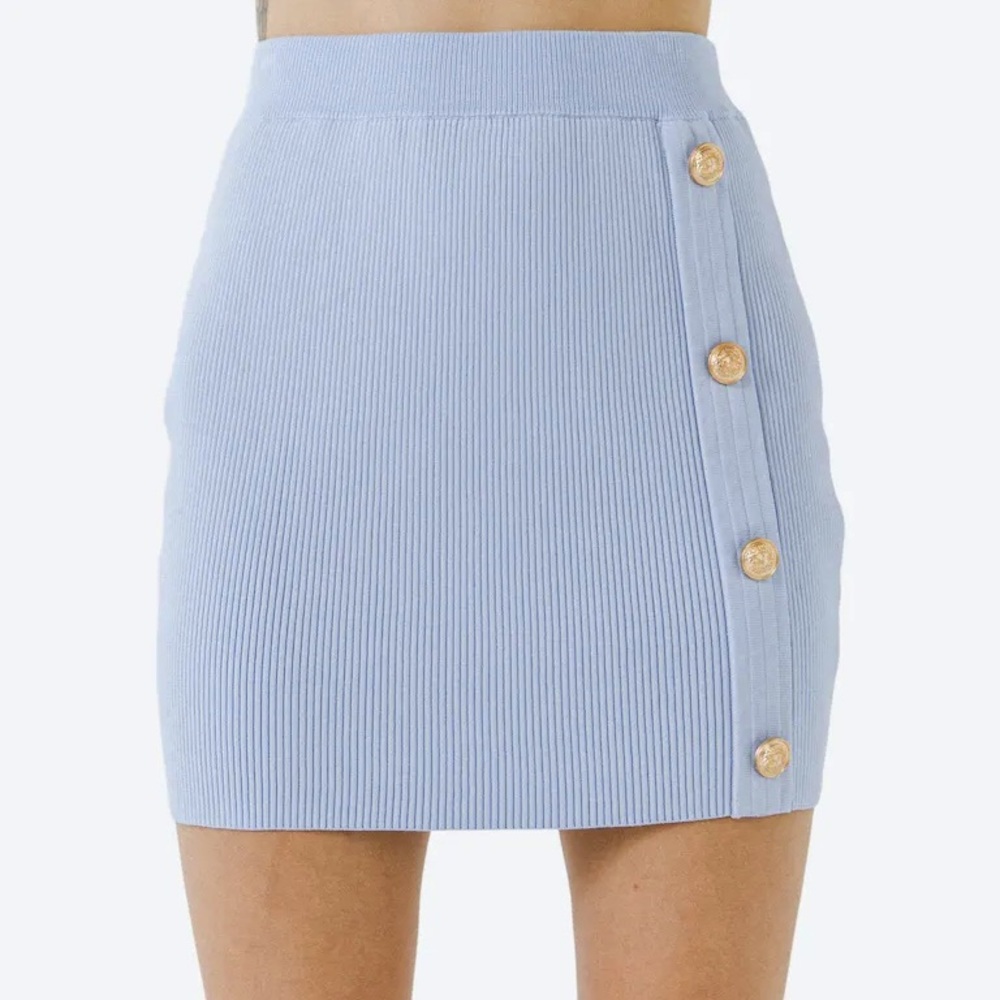 Endless Rose Ribbed Button Mini Skirt - Powder Blue